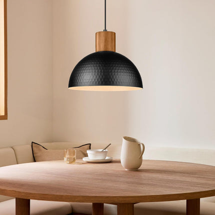 12" Hammered Metal Pendant Light, Rubber Wood Dome Hanging Lamp, Modern Pendant Light Fixtures for Kitchen Island, Bar, Farmhouse Dining Room, Bedroom, Hallway - Black
