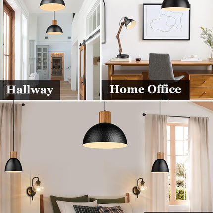 12" Hammered Metal Pendant Light, Rubber Wood Dome Hanging Lamp, Modern Pendant Light Fixtures for Kitchen Island, Bar, Farmhouse Dining Room, Bedroom, Hallway - Black