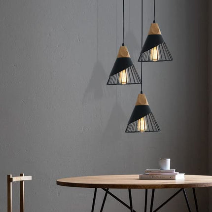 Modern Black Pendant Light over Kitchen Island, Adjustable Wood Hanging Light Fi
