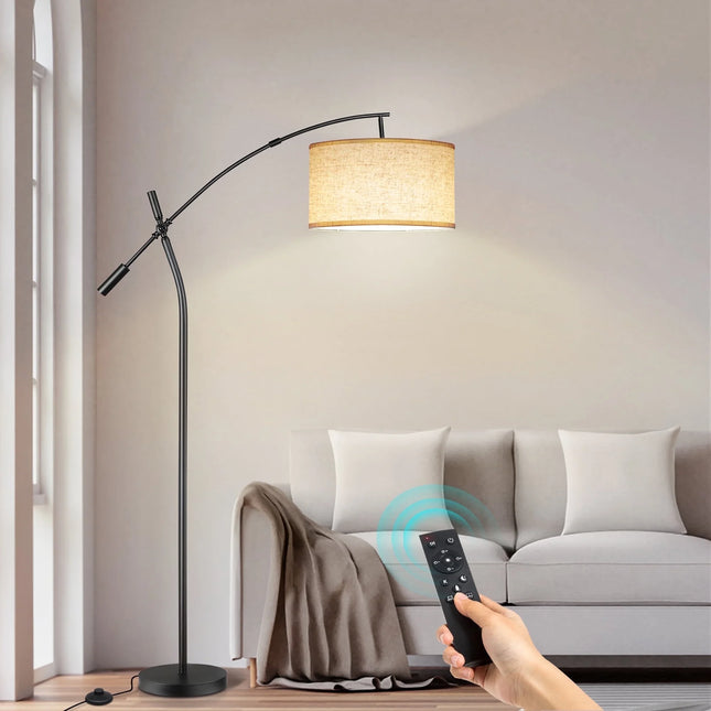 Modern Arc Floor Lamp with Remote, Adjustable Boom Arm Dimmable LED Standing Lamp, with Hanging Drum Shade Tall Reading Light for Living Room (Black+Beige Shade)