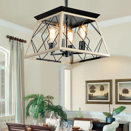 16" Walnut Industrial 4-Light Pendant Chandelier, Modern Metal Cage Design, Adjustable Hanging Light