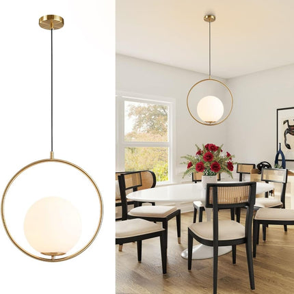 Modern Gold 1-Lights Globe Pendant Light Minimalist Single round Pendant Lighting Mid Century White Glass Ball Hanging Lamp Brushed Brass Kitchen Bathroom Pendant Light