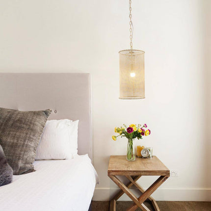 9.84 In. 1-Light Beige Cylindrical Mini Hanging Pendant Light with Woven Rope Shade