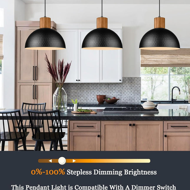 12" Hammered Metal Pendant Light, Rubber Wood Dome Hanging Lamp, Modern Pendant Light Fixtures for Kitchen Island, Bar, Farmhouse Dining Room, Bedroom, Hallway - Black