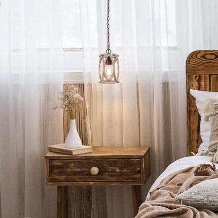 Farmhouse Wood Pendant 6 In. W 1-Light Brown Drum Cage Rustic Island Pendant Light for Kitchen, Living Room, Foyer