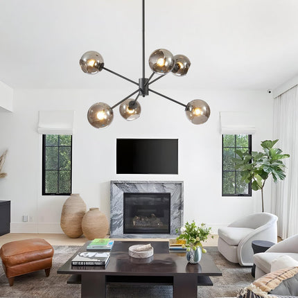 6 Lights Modern Glass Globe Sputnik Chandelier Mid Century Matte Black Sputnik Pendant Light Fixture Adjustable Vintage Large Smoke Gray Ball Chandelier Pendant Light for Kitchen Living Room