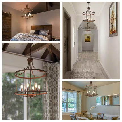 Farmhouse Drum Chandelier 6-Light Rusty Bronze Cage Classic Chandelier for Foyer Candlestick Pendant Light