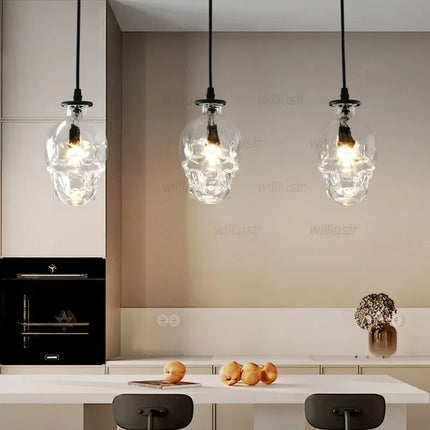 Creative Clear Glass Skull Pendant Lamp Retro Suspension Light Wall Sconce Hotel Cafe Bar Loft Hanging Ceiling Chandelier