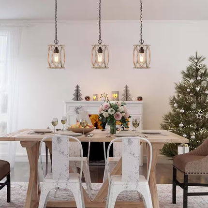Farmhouse Wood Pendant 6 In. W 1-Light Brown Drum Cage Rustic Island Pendant Light for Kitchen, Living Room, Foyer