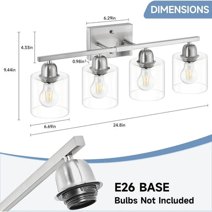 Brushed Nickel Bathroom Vanity Light 4 Bulb Over Mirror Fixture Glass E26 Socket Modern Style Elegant Home Decor
