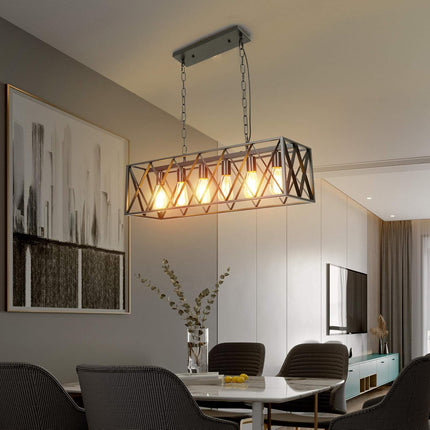 Farmhouse Kitchen Island Chandelier, Rectangular Vintage 6-Light Industrial Pendant Light, Rustic Hanging Pendant Light Fixtures for Dining Room Restaurant Bar Café
