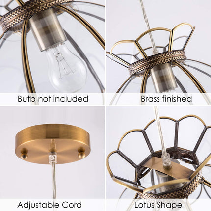 12" Vintage Brass Pendant Light Fixture, Flower Hanging Lamp for Kitchen Island, Glass Lotus Flower Ceiling Pendant Lighting for Entryway, Dining Room, Bedroom, Living Room, Clear, Large