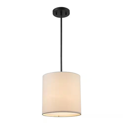 10 In. 1-Light Black Drum Pendant Light Fixture with Linen Shade