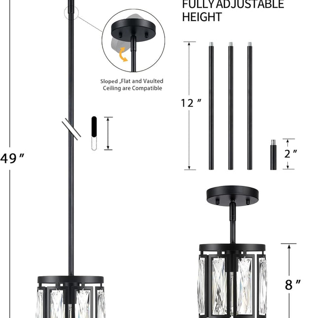 Mini Crystal Semi Flush Mount Ceiling Light, Convertible Hanging Pendant Lighting Fixture for Kitchen Island, Black Drum Shade Close to Ceiling Lights for Hallway Entryway