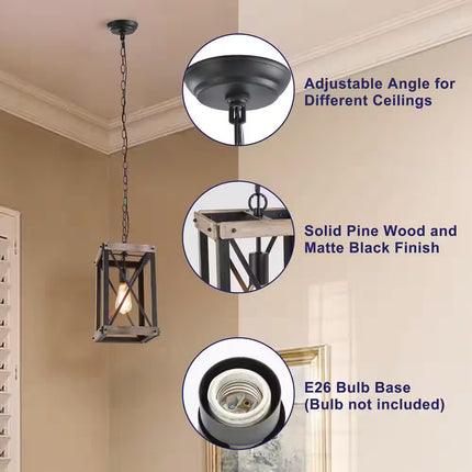 Black Rustic Wood Cage Pendant Light 1-Light Farmhouse Lantern Kitchen Island Pendant Lighting
