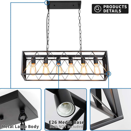 Farmhouse Kitchen Island Chandelier, Rectangular Vintage 6-Light Industrial Pendant Light, Rustic Hanging Pendant Light Fixtures for Dining Room Restaurant Bar Café