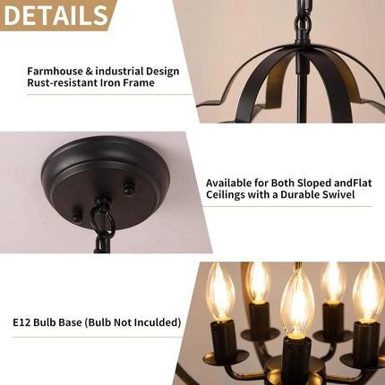 5 Light Rustic Chandelier Ceiling Light Farmhouse Pendant Light Metal Frame Pendant Light for Living Room,Kitchen, Bedroom,Entry, Black