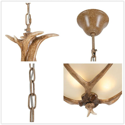 3-Light Brown Retro Resin Antler Pendant Light with Frosted Glass Bowl Shade