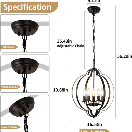 5 Light Rustic Chandelier Ceiling Light Farmhouse Pendant Light Metal Frame Pendant Light for Living Room,Kitchen, Bedroom,Entry, Black