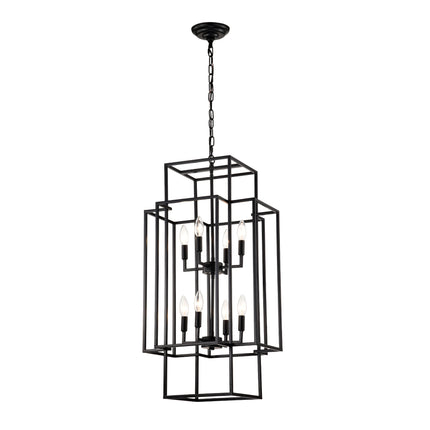 8-Light Metal Lantern Tiered Pendant Hanging Light Fixtures, Industrial Farmhouse Adjustable Height Chandeliers For Dining Room Hallway Foyer Entryway--Matte Black E12 Bulbs Not Included