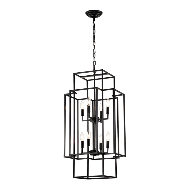 8-Light Metal Lantern Tiered Pendant Hanging Light Fixtures, Industrial Farmhouse Adjustable Height Chandeliers For Dining Room Hallway Foyer Entryway--Matte Black E12 Bulbs Not Included