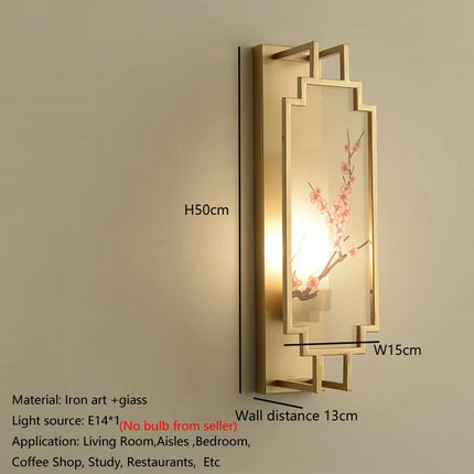 Chinese Zen Style Rectangular Wall Lamp Iron Living Room Tv Background Wall Lamp Bedroom Corridor Decoration Flower Bird Lamp