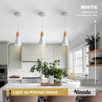 3 Pack White Wood Pendant Lighting for Kitchen Island Nordic Pendant Light Minimalist Hanging Light for Dining Room Kitchen Sink Bar Bedroom