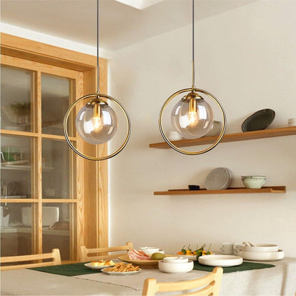 Modern 1-Light Globe Pendant Light Mid Century Amber Glass Ball Pendant Lighting Brushed Gold Single round Circle Hanging Lamp Kitchen Island Dining Room Pendant Light Fixture