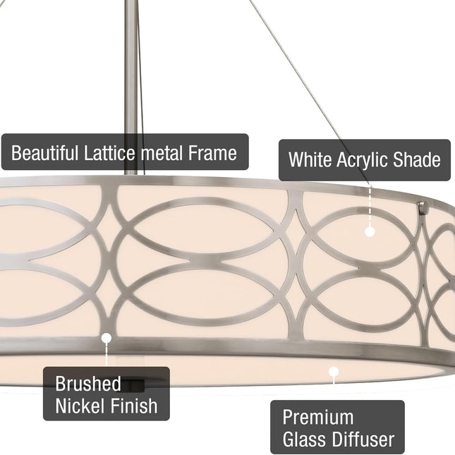 Sienna 19" 3-Light Metal Drum Chandelier + Glass Diffuser, Brushed Nickel Finish