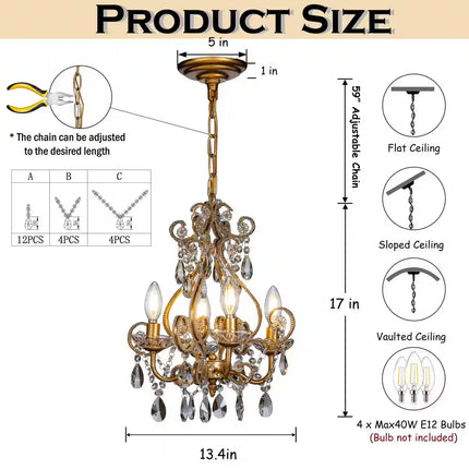 4-Light Antique Gold Crystal Candlestick Chandelier 13 In. Pendant Light with Teardrop Beads
