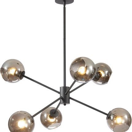 6 Lights Modern Glass Globe Sputnik Chandelier Mid Century Matte Black Sputnik Pendant Light Fixture Adjustable Vintage Large Smoke Gray Ball Chandelier Pendant Light for Kitchen Living Room