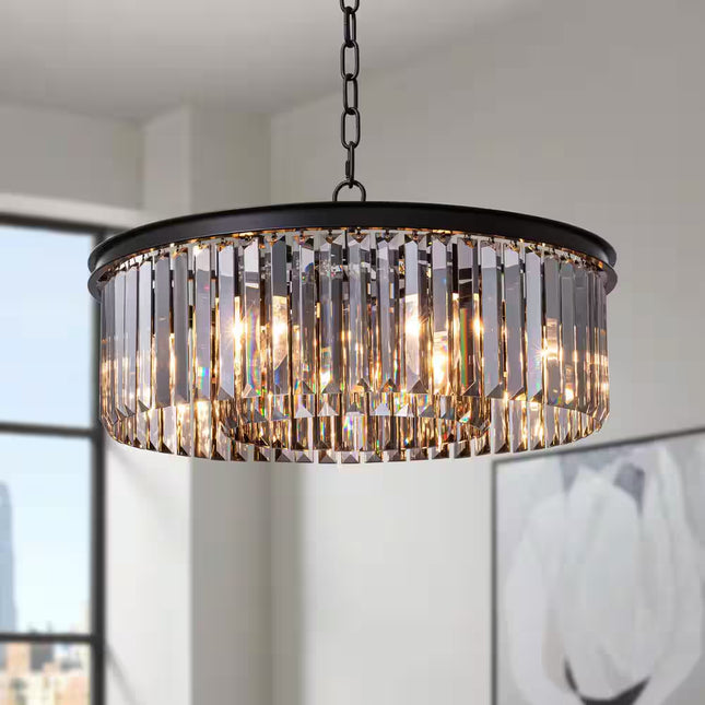 22 In. 6-Light Black Farmhouse Pendant Light Fixtures Crystal Drum Chandelier Dining Room Pendant Lighting