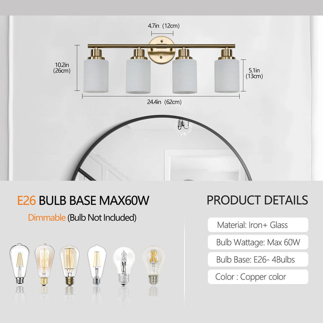 24" Modern 4-Light Vanity Bathroom Mirror Light, Frosted White Glass with Iron Frame, Contemporary Wall Sconce