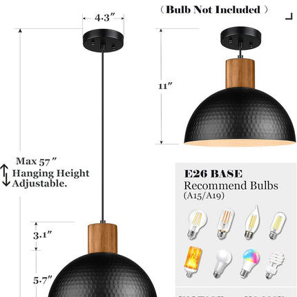 12" Hammered Metal Pendant Light, Rubber Wood Dome Hanging Lamp, Modern Pendant Light Fixtures for Kitchen Island, Bar, Farmhouse Dining Room, Bedroom, Hallway - Black
