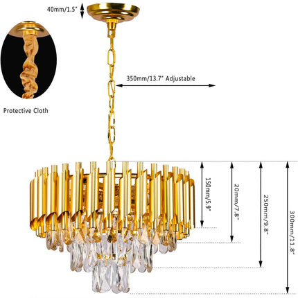 16'' Modern Crystal Chandelier Pendant Light 3-Tier Gold Chandelier Light Fixture Raindrop Modern Chandelier for Dining Room Kitchen Island Living Room Foyer