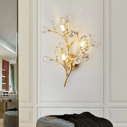 2025 Romantic Flowers Branches G4 Bulb Wall Lights Clear Crystal Living Room Bedroom Decoration Sconce Gold Metal Drop Shipping