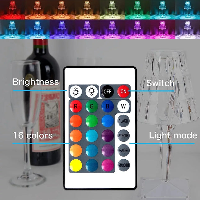 Crystal Diamond Table Lamp 16 Color Changing RGB Touch & Remote Control USB Rechargeable LED Romantic Artificial Crystal Night Light Bedside Lamp for Bedroom Living Room Party Dinner Decor
