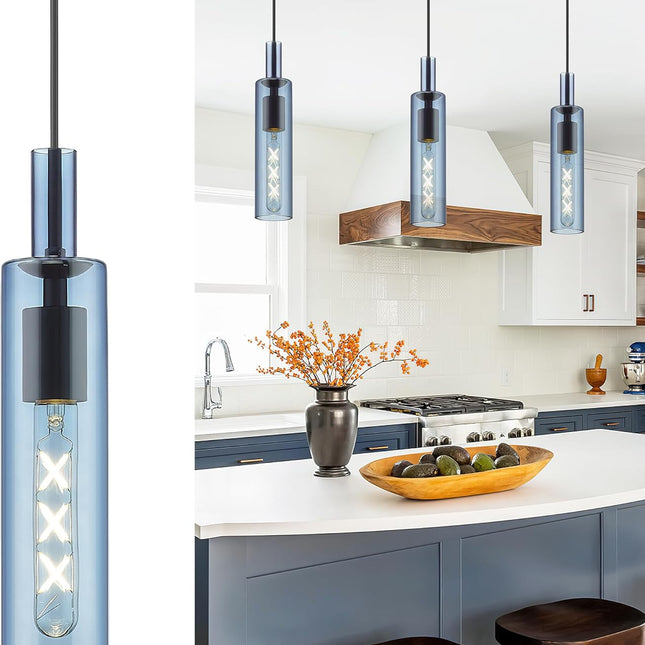 Blue Pendant Lights, 1-Light Modern Pendant Lights Kitchen Island, Pendant Lighting with Navy Blue Glass, Linear Hanging Light in Metal Frame for Kitchen Island, Dining Room, H3875 BU