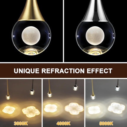 1-Light Pendant Lights Kitchen Island, 8W 3 Color Temperature Dimmable LED Pendant Light Fixtures, Silver Hanging Crystal Teardrop Pendant Lights for Bathroom, Bedroom