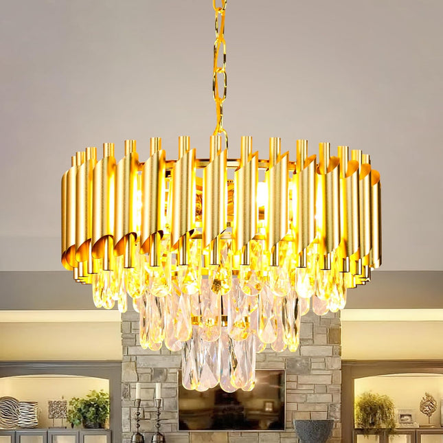 16'' Modern Crystal Chandelier Pendant Light 3-Tier Gold Chandelier Light Fixture Raindrop Modern Chandelier for Dining Room Kitchen Island Living Room Foyer