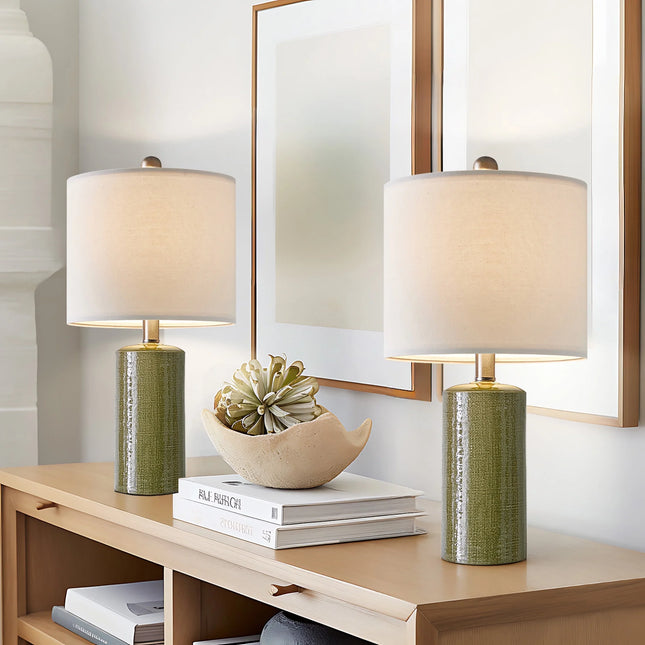 Modern Table Lamp Set of 2 for Living Room 20.25" Farmhouse Green Ceramic Bedside Nightstand Lamps for Bedroom