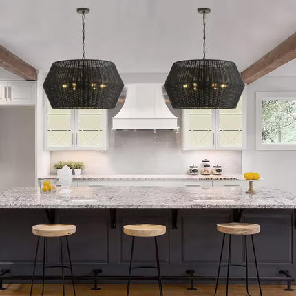 28.34 In. 6-Light Farmhouse Black Coastal Woven Chandelier with Rattan Basket Shade