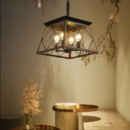 16" Walnut Industrial 4-Light Pendant Chandelier, Modern Metal Cage Design, Adjustable Hanging Light