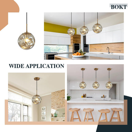 Modern Large 1-Light Globe Pendant Light Mid Century Gold Hanging Pendant Light Fixture Kitchen Island Amber Glass Ball Pendant Lamp Single Single Pendant Lighting (9.8”-Amber)