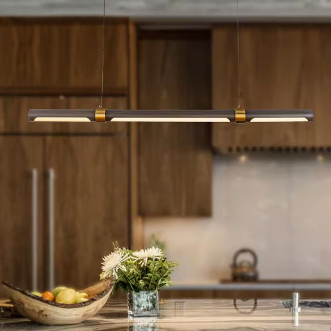 1-Light 12W Integrated LED Modern Desk Pendant Light Simplicity Linear Chandelier in Walnut
