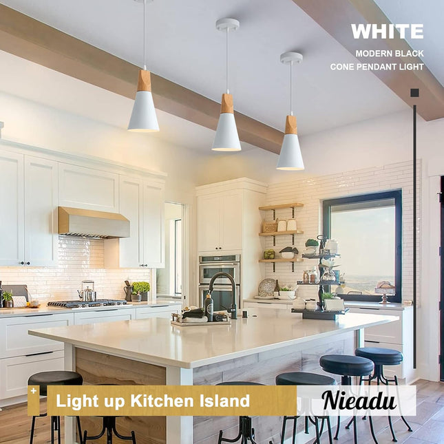 3 Pack White Wood Pendant Lighting for Kitchen Island Nordic Pendant Light Minimalist Hanging Light for Dining Room Kitchen Sink Bar Bedroom
