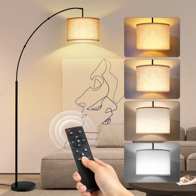 81" Arc Floor Lamp with Remote for Living Room, LED Dimmable Modern Standing Lamps with 4 Color Temperatures, Adjustable Linen Shade, Tall Light for Bedroom (Black+Beige Shade)