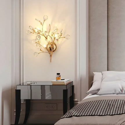 2025 Romantic Flowers Branches G4 Bulb Wall Lights Clear Crystal Living Room Bedroom Decoration Sconce Gold Metal Drop Shipping