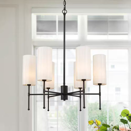 Black Chandelier Modern Island 6-Light Drum Cylinder Fabric Shade Kitchen Dining Room Pendant Chandelier