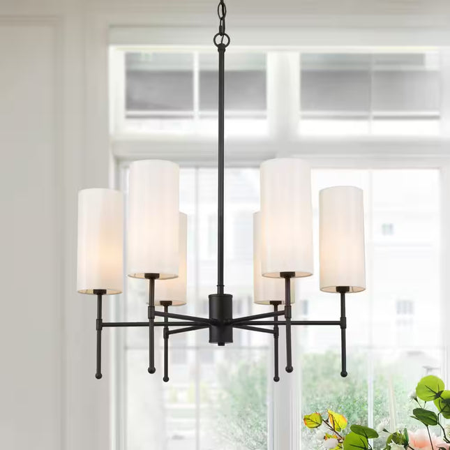 Black Chandelier Modern Island 6-Light Drum Cylinder Fabric Shade Kitchen Dining Room Pendant Chandelier
